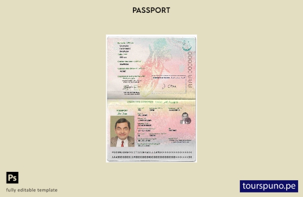 Plantilla de pasaporte de la Unión de Comores lista para imprimir